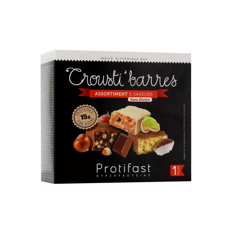 PROTIFAST CROUSTI’ BARRES - Assortiment 5 saveurs riche en protéines et sans gluten, 5 barres