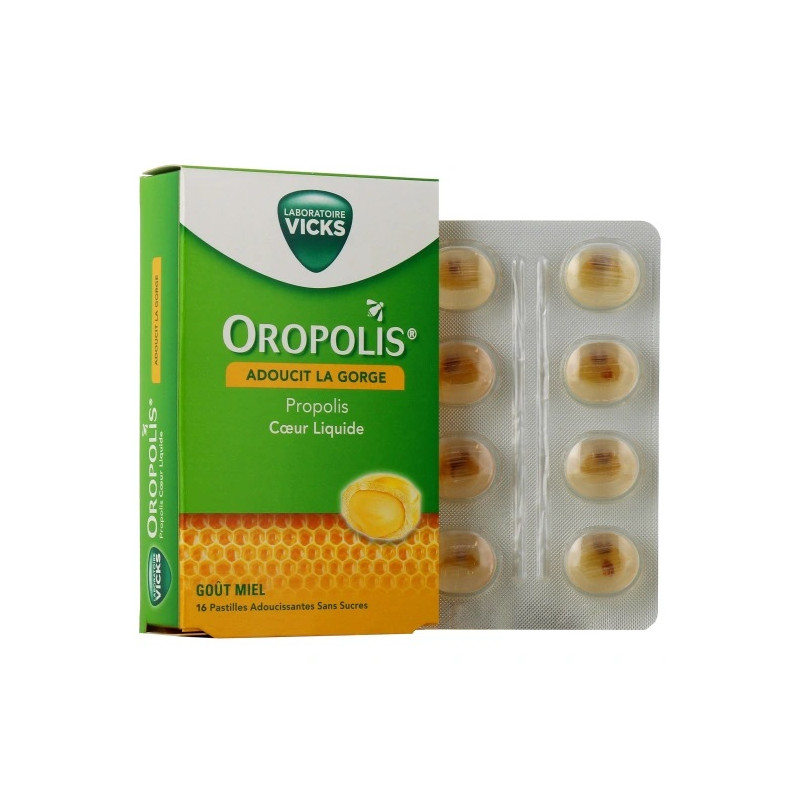 VICKS - Oropolis Pastilles Adoucissantes Cœur Liquide Propolis Miel, 16 pastilles