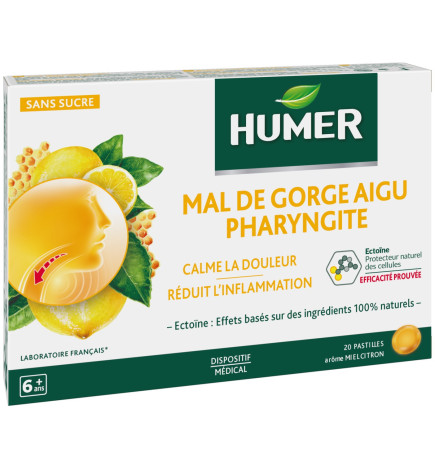 HUMER – Mal de Gorge Aigu Pharyngite Miel Citron, 20 pastilles