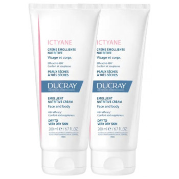 Ducray - Ictyane Crème Émolliente Nutritive Visage et Corps, Lot de 2 x 200 ml