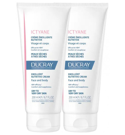 Ducray - Ictyane Crème Émolliente Nutritive Visage et Corps, Lot de 2 x 200 ml