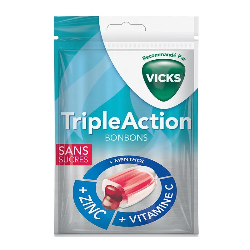 Vicks - Bonbons Triple Action - Pastilles fourrées cassis & menthol – Vitamine C & zinc, 72 g