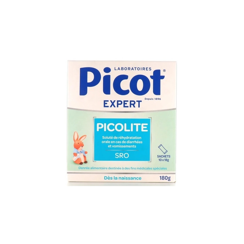 Picot - Soluté de réhydratation orale – Diarrhées et vomissements – Nourrissons et enfants, 10 x 18 g Picot - Soluté de réhydratation orale – Diarrhées et vomissements – Nourrissons et enfants, 10 x 18 g