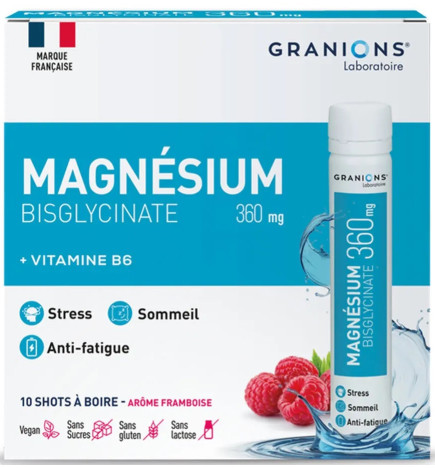 Granions - Magnésium Bisglycinate 360 – Anti-fatigue et stress – 10 shots de 25 ml