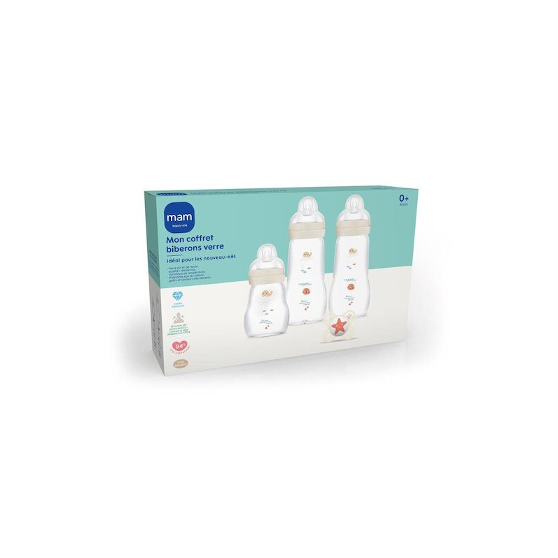 Mam – 3 Biberons en Verre + 1 Sucette Coffret 0 Mois et +