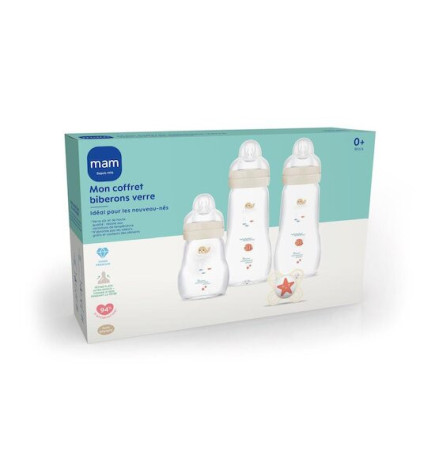 Mam – 3 Biberons en Verre + 1 Sucette Coffret 0 Mois et +