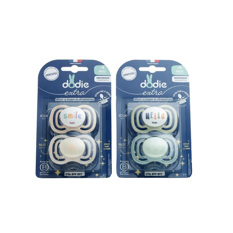 Dodie – Extra Sucette Anatomique Silicone Jour & Nuit +6 mois, 2 unités Dodie – Extra Sucette Anatomique Silicone Jour & Nuit +6 mois, 2 unités