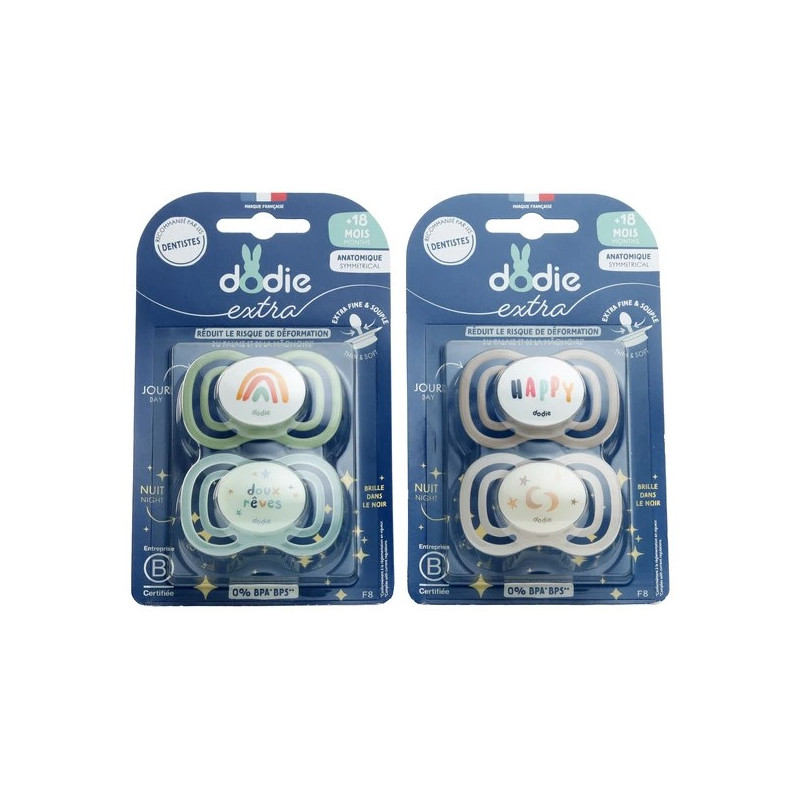 Dodie – Extra Sucette Anatomique Silicone Jour & Nuit +18 mois, 2 unités