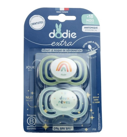 Dodie – Extra Sucette Anatomique Silicone Jour & Nuit +18 mois, 2 unités