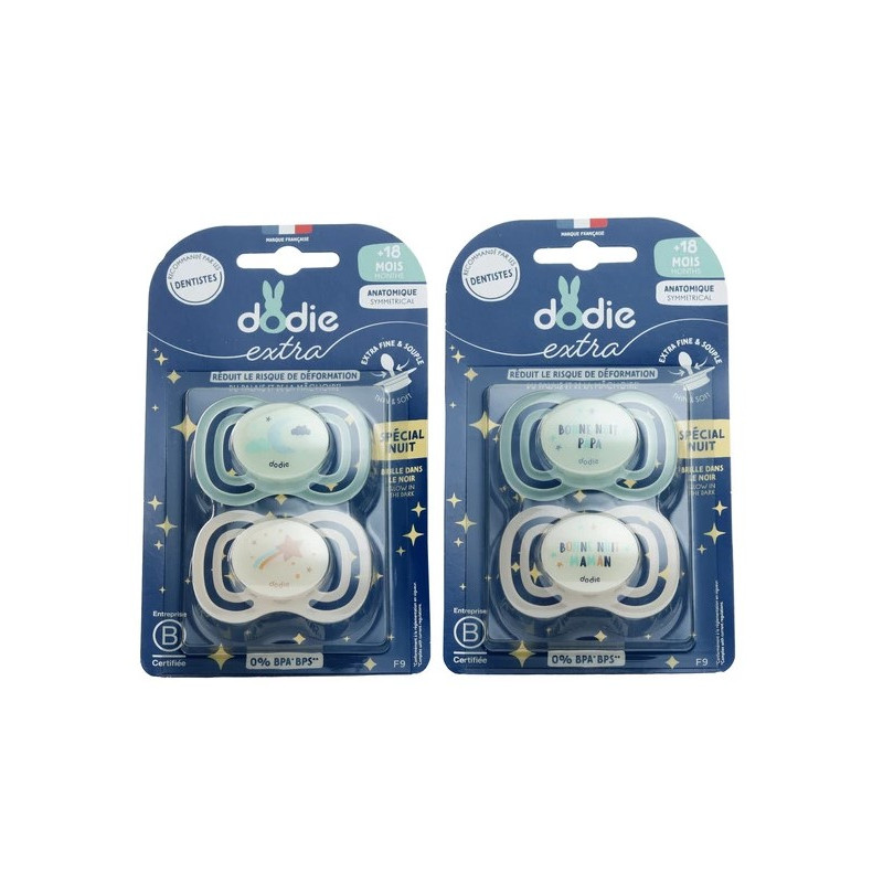 Dodie – Extra Sucette Anatomique Silicone Nuit +18 mois, 2 unités Dodie – Extra Sucette Anatomique Silicone Nuit +18 mois, 2 unités