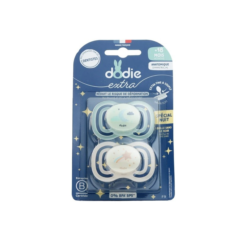 Dodie – Extra Sucette Anatomique Silicone Nuit +18 mois, 2 unités
