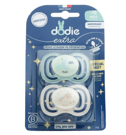 Dodie – Extra Sucette Anatomique Silicone Nuit +18 mois, 2 unités