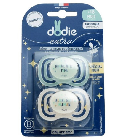Dodie – Extra Sucette Anatomique Silicone Nuit +18 mois, 2 unités