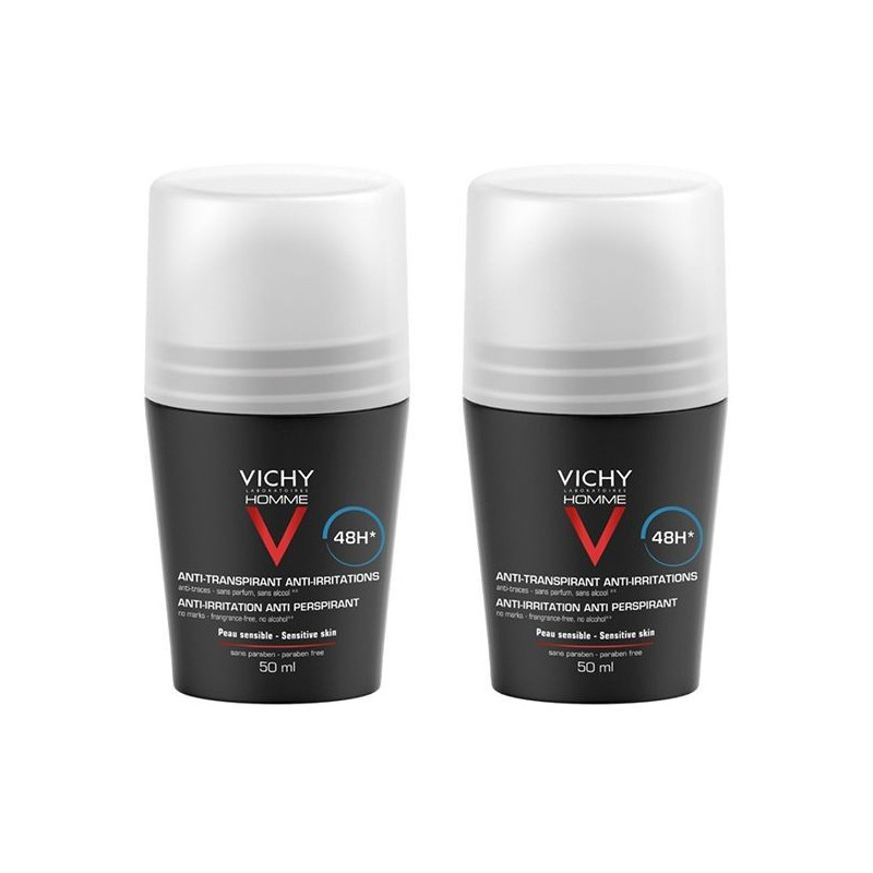 Vichy – Homme Déodorant Anti-Transpirant Anti-Irritations 48H Lot de 2, 50 ml