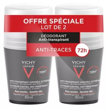 Vichy – Homme Déodorant Anti-Transpirant 72H Contrôle Extrême Roll-On Lot de 2, 50 ml