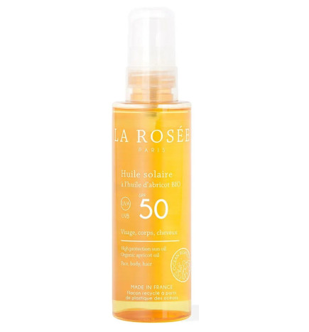 La Rosée – Huile Solaire SPF50 à l’Huile d’Abricot Bio – Visage, Corps & Cheveux – 150 ml