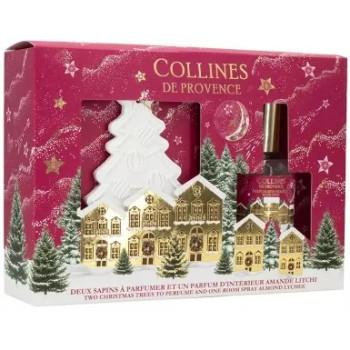 Collines de Provence – Coffret 2 Sapins à Parfumer & Parfum d’Intérieur Amande Litchi, 50 ml