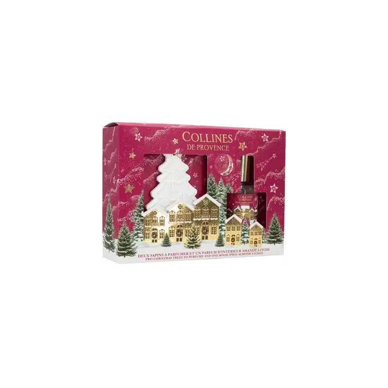 Collines de Provence – Coffret 2 Sapins à Parfumer & Parfum d’Intérieur Amande Litchi, 50 ml
