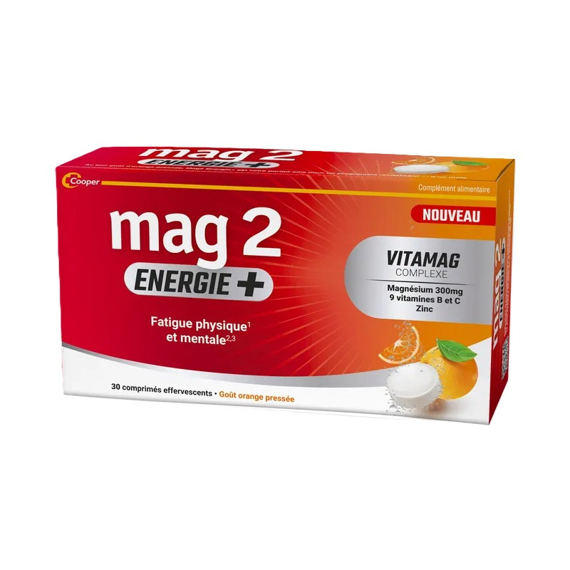 Mag2 – Énergie + Comprimés Effervescents Goût Orange Pressée, 20 unités