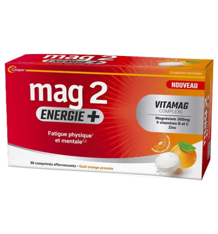 Mag2 – Énergie + Comprimés Effervescents Goût Orange Pressée, 20 unités