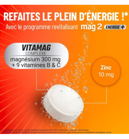 Mag2 – Énergie + Comprimés Effervescents Goût Orange Pressée, 20 unités