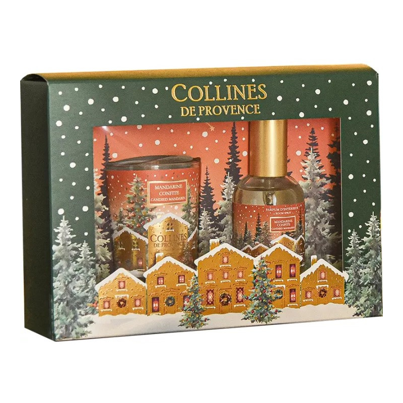 Collines de Provence – Coffret parfum d’intérieur Mandarine Confite 50 ml + bougie parfumée Mandarine Confite 75 g