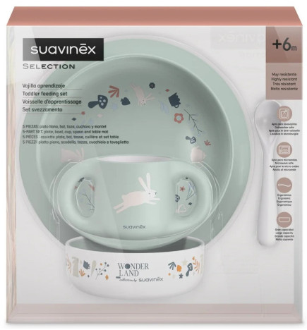 Suavinex – Coffret Vaisselle d’Apprentissage, 5 pièces, vert pastel et beige