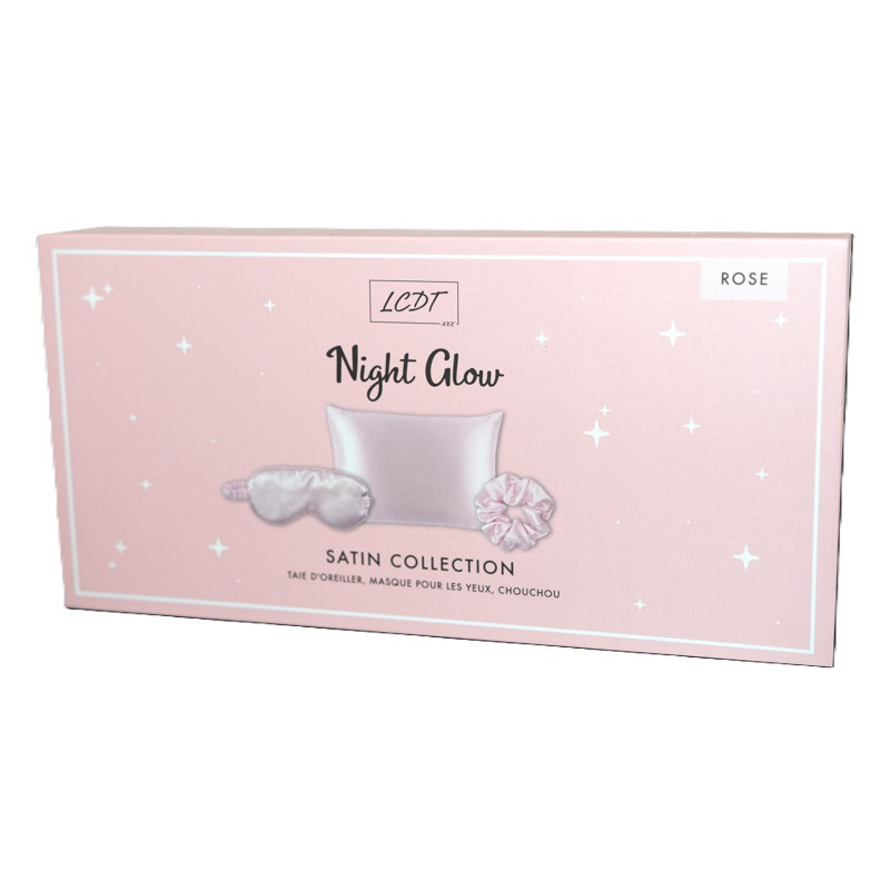 Le Comptoir des Tendances – Coffret Satin Collection Night Glow Rose, taie d’oreiller + masque pour les yeux + chouchou