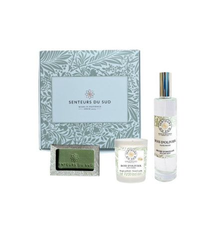 Senteurs du Sud – Coffret Bien-Être Bois d’Olivier (Bougie 75 g + Brume d’Oreiller 50 ml + Savon 125 g)