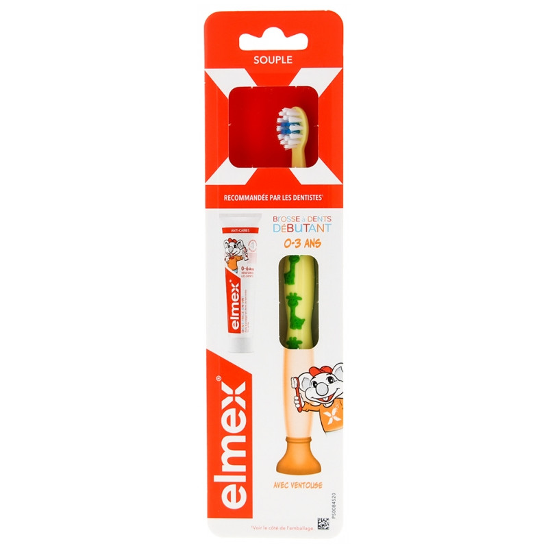 Elmex – Brosse à dents souple débutant 0-3 ans + mini-dentifrice anti-caries, 12 ml