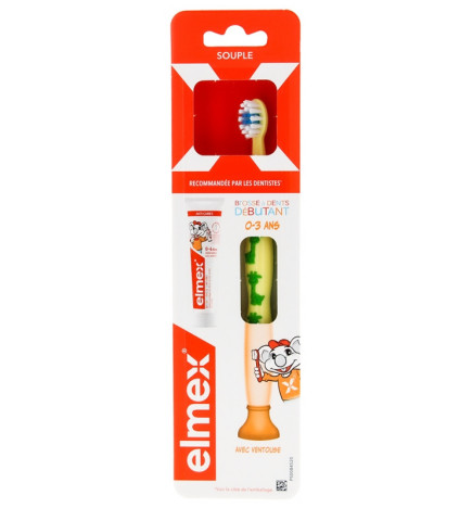 Elmex – Brosse à dents souple débutant 0-3 ans + mini-dentifrice anti-caries, 12 ml
