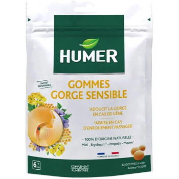 Humer – Gommes Gorge Sensible Miel Erysimum Propolis Mauve Citron, 30 gommes