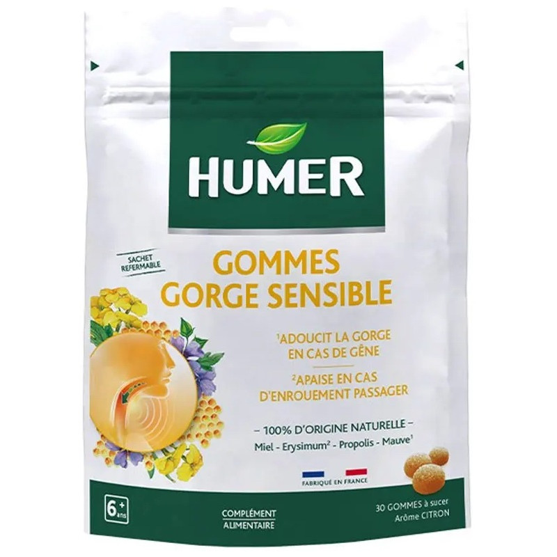 Humer – Gommes Gorge Sensible Miel Erysimum Propolis Mauve Citron, 30 gommes