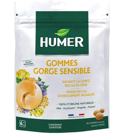 Humer – Gommes Gorge Sensible Miel Erysimum Propolis Mauve Citron, 30 gommes