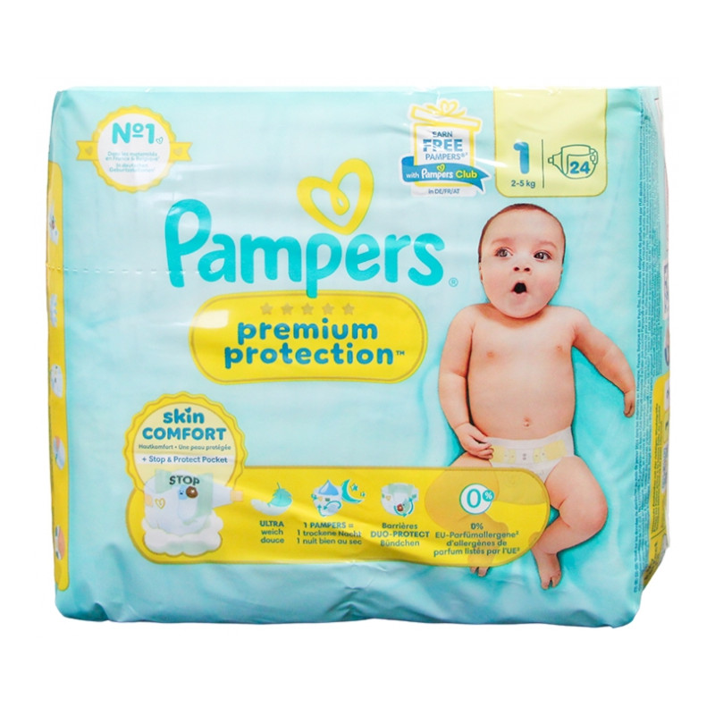 Pampers – Premium Protection Skin Comfort Taille 1 (2–5 kg), 24 couches