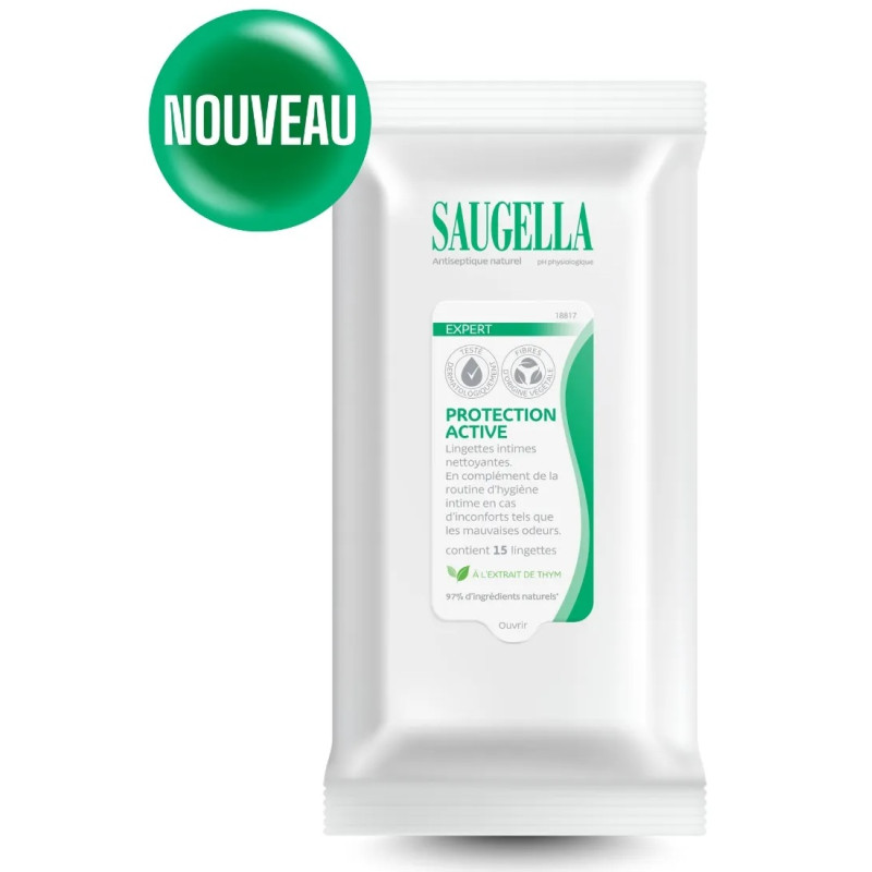 Saugella – Antiseptique Naturel Lingettes Intimes Nettoyantes Rafraîchissantes, 15 lingettes