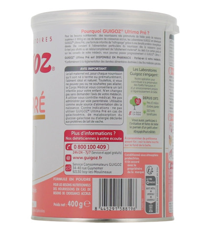 Guigoz – Ultima Pré Lait en poudre pour nourrissons prématurés ou de faible poids, 400 g