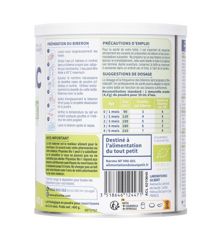 Physiolac – Bio 1 Lait infantile 0 à 6 mois, 400 g