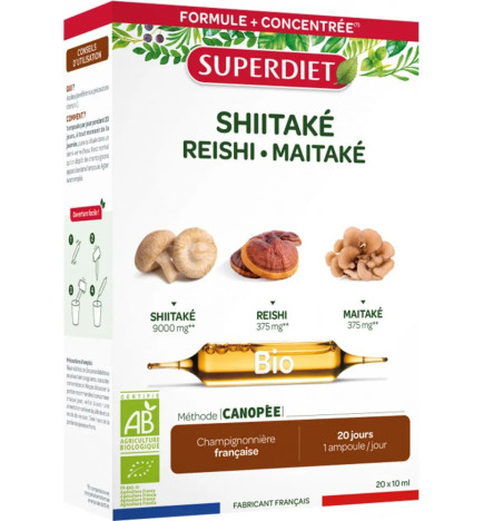 Superdiet – Shiitake+ Bio reishi et maitaké, 20 ampoules de 10 ml