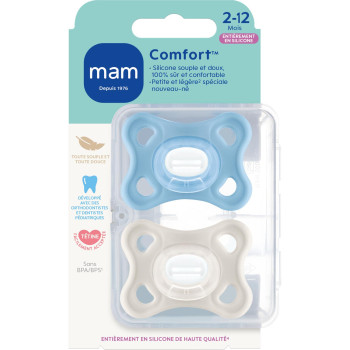 MAM – Lot de 2 sucettes Comfort en silicone avec boîte de stérilisation, 2–12 mois