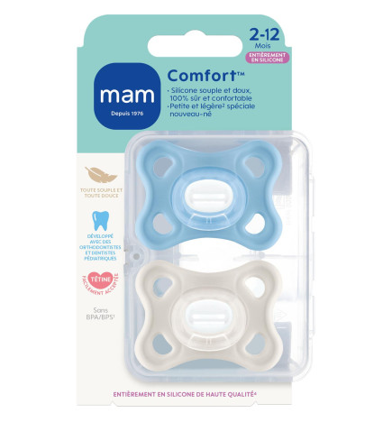 MAM – Lot de 2 sucettes Comfort en silicone avec boîte de stérilisation, 2–12 mois
