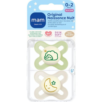MAM – Lot de 2 sucettes Original Naissance Nuit en silicone, 0–2 mois