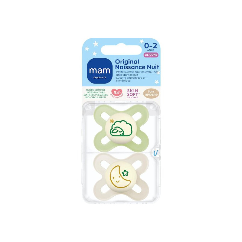 MAM – Lot de 2 sucettes Original Naissance Nuit en silicone, 0–2 mois
