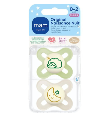 MAM – Lot de 2 sucettes Original Naissance Nuit en silicone, 0–2 mois
