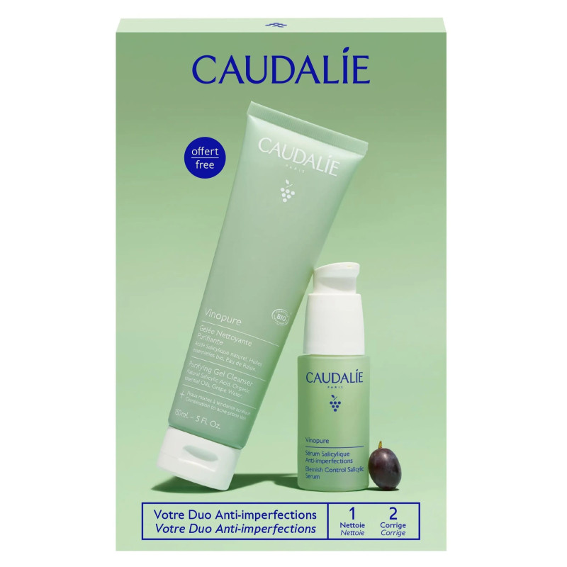Caudalie – Coffret Vinopure Sérum Salicylique Anti-Imperfections 30 ml + Gelée Nettoyante Purifiante 150 ml Offerte