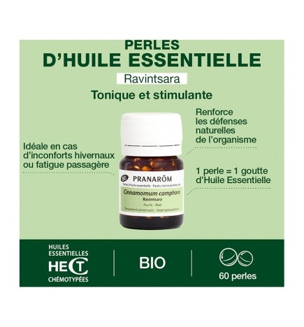 Pranarôm – Perles d’Huile Essentielle Ravintsara Bio, 60 perles