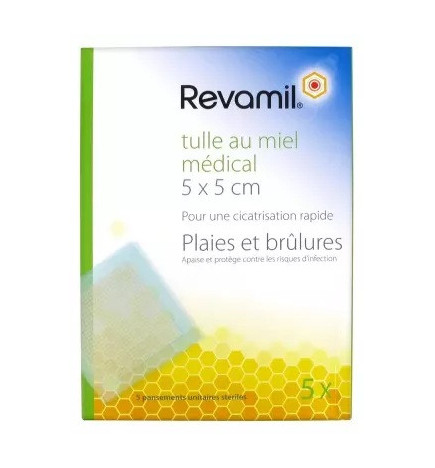 Revamil – Tulle au Miel Médical Pansements Stériles 5 × 5 cm, 5 unités