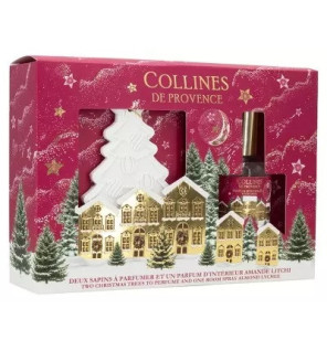 Collines de Provence – Coffret Sapins à Parfumer + Parfum d’Intérieur Amande Litchi, 50 ml