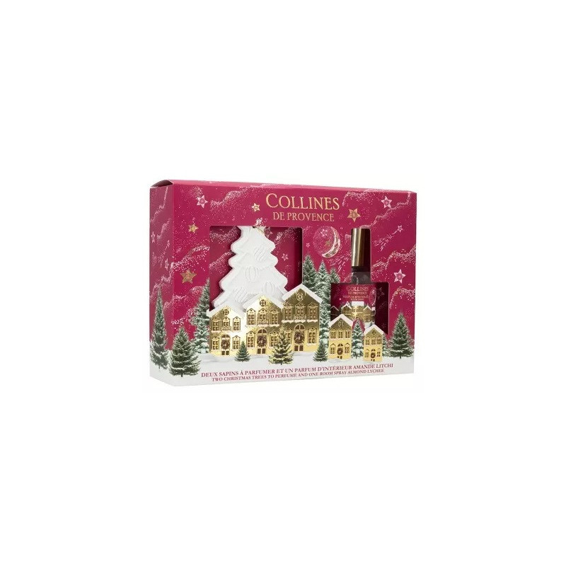 Collines de Provence – Coffret Sapins à Parfumer + Parfum d’Intérieur Amande Litchi, 50 ml Collines de Provence – Coffret Sapins à Parfumer + Parfum d’Intérieur Amande Litchi, 50 ml