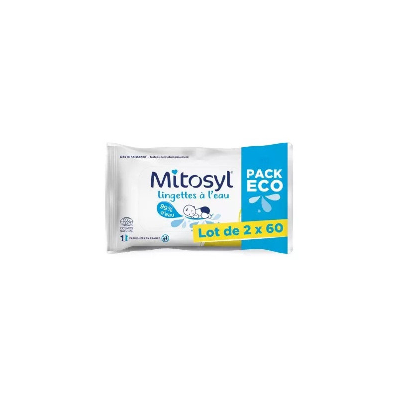 Mitosyl – Lingettes à l’Eau Bébé, Lot de 2 x 60 lingettes